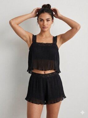 Black Lace Pleated Chiffon Camisole Semi-Sheer Shorts Set - Small / Medium 🇨🇦